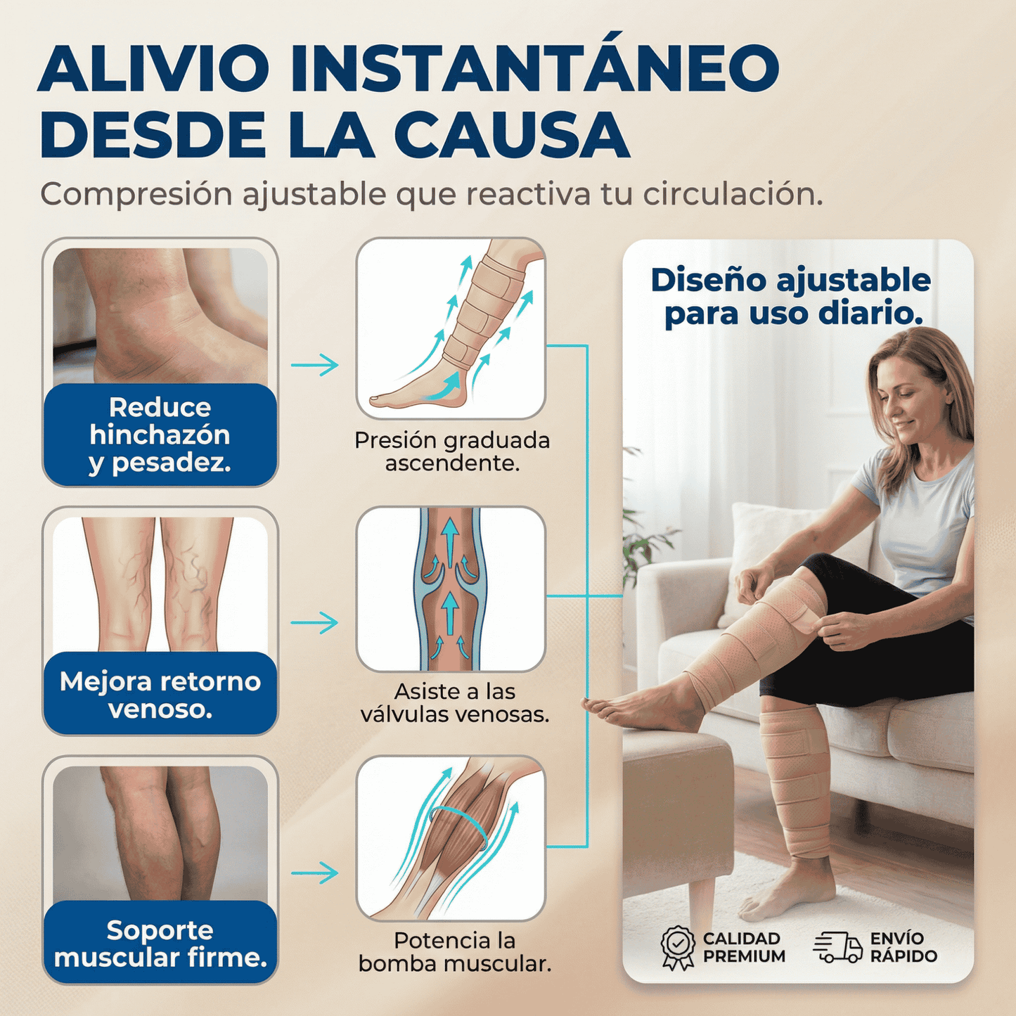 Faja de Compresión para Pantorrillas - Terapia para Piernas Hinchadas, Diabéticas con Ulceras